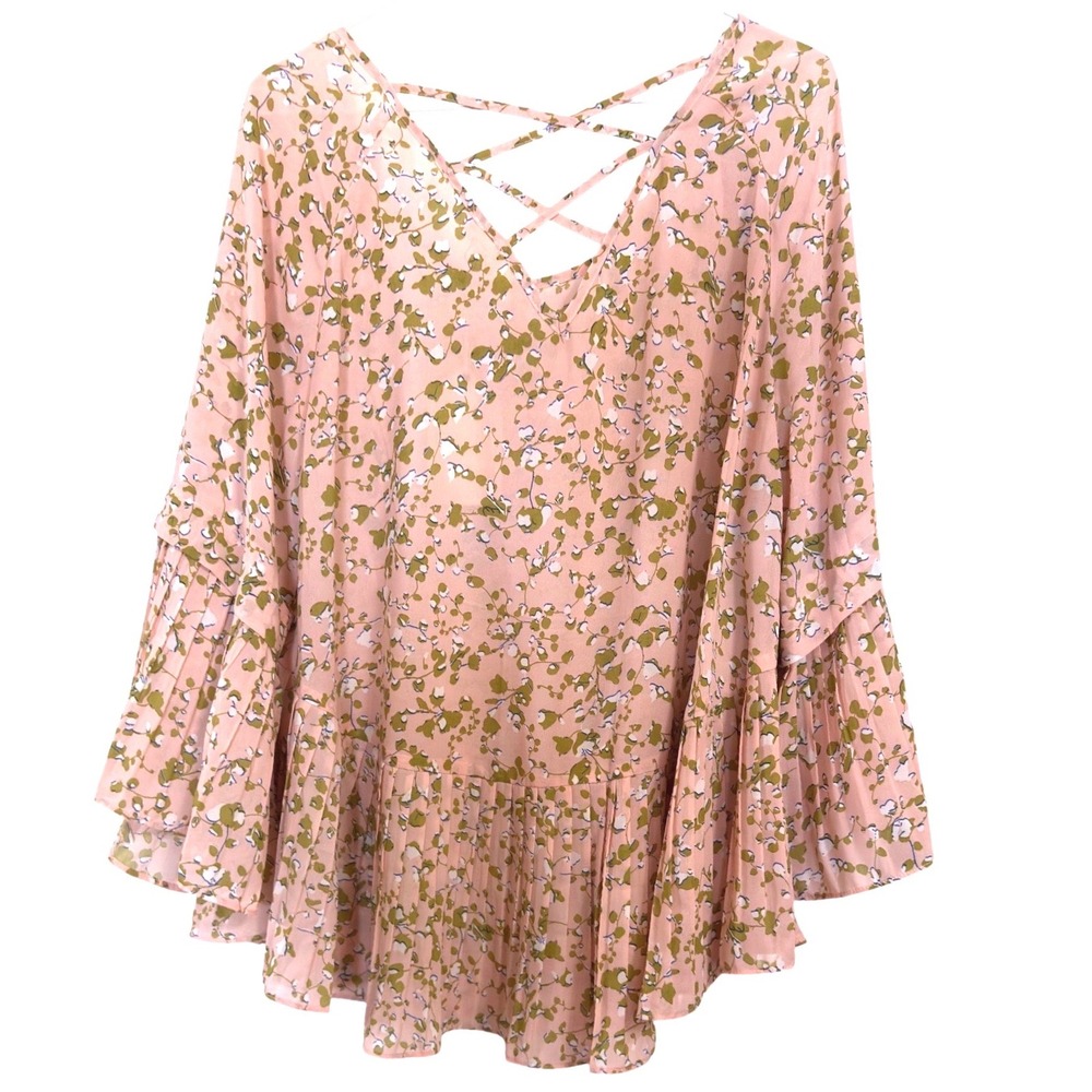 Entro Pink Floral Bell Sleeve Strappy V-Neck Pleated Blouse Top T6341 New L - Picture 3 of 8